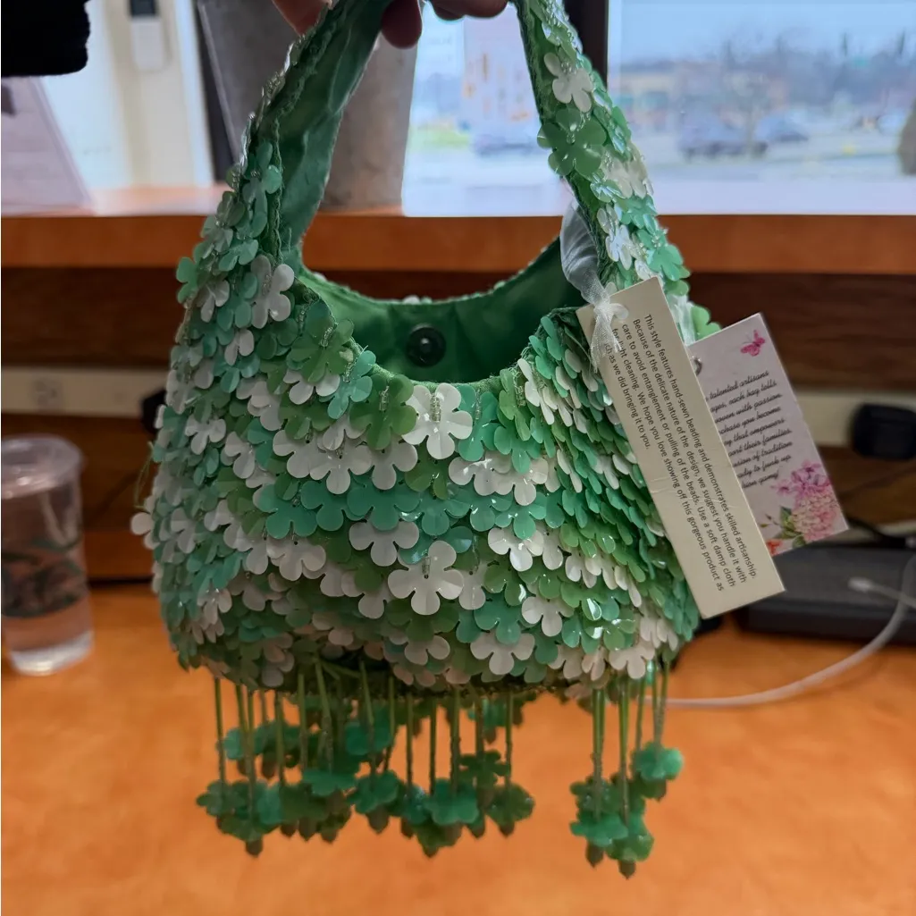 Handcrafted in India Floral Embellished Mini Bag in Green - Image 4