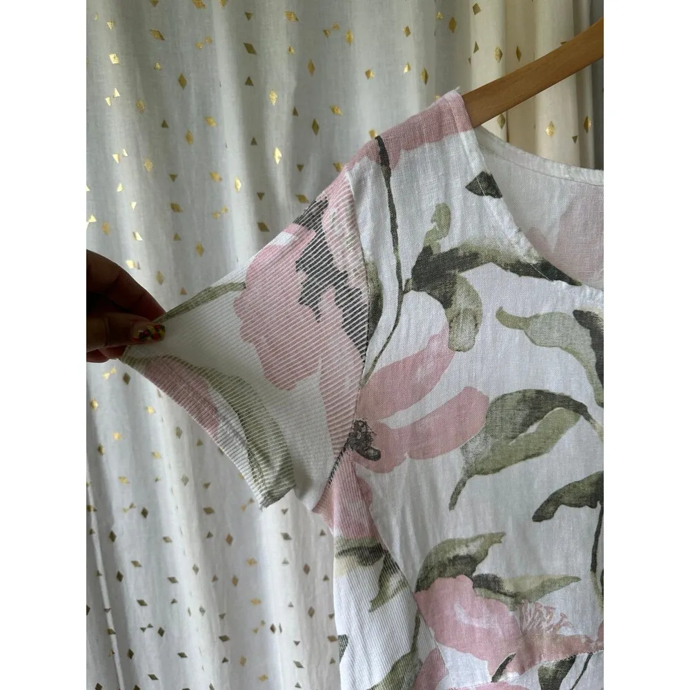 Me & Gee Made With Love 100% Linen Sheer Floral Front Open Pockets Shift Dress S - Image 3