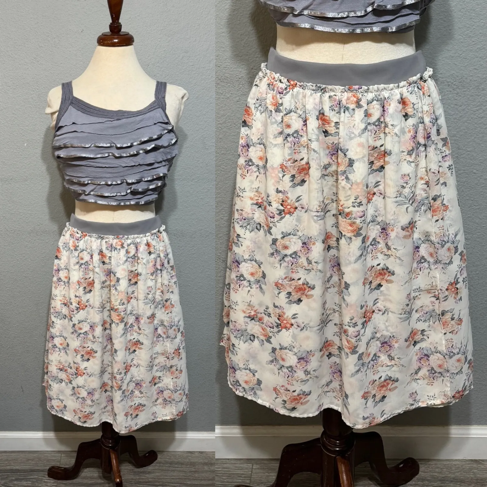 MIKAROSE Women Floral Chiffon Midi Skirt Gray Waistband Ruffle Hem Size M - Image 2