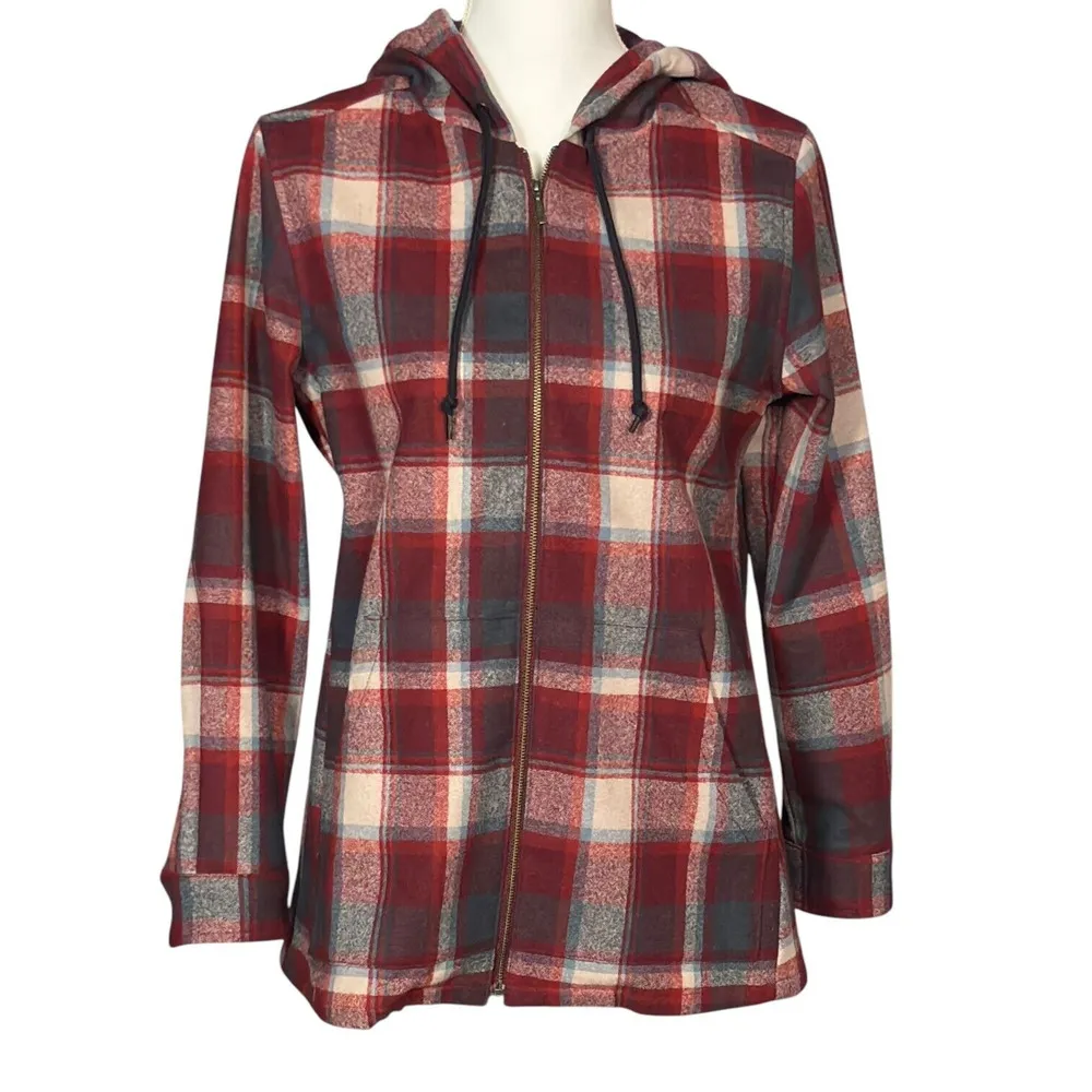 Pendleton Zip Up Hoodie Jacket Red Size Petite Small Plaid Wool Pockets Layering - Image 8