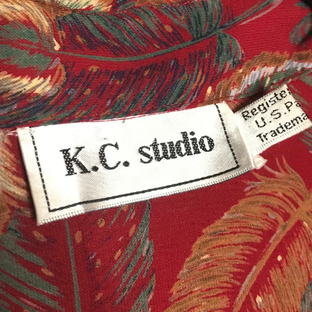 Vintage 90s Blouse Women Plus Size 22W Peacock‎ Feather Print Unique Maximalist Red - Image 6