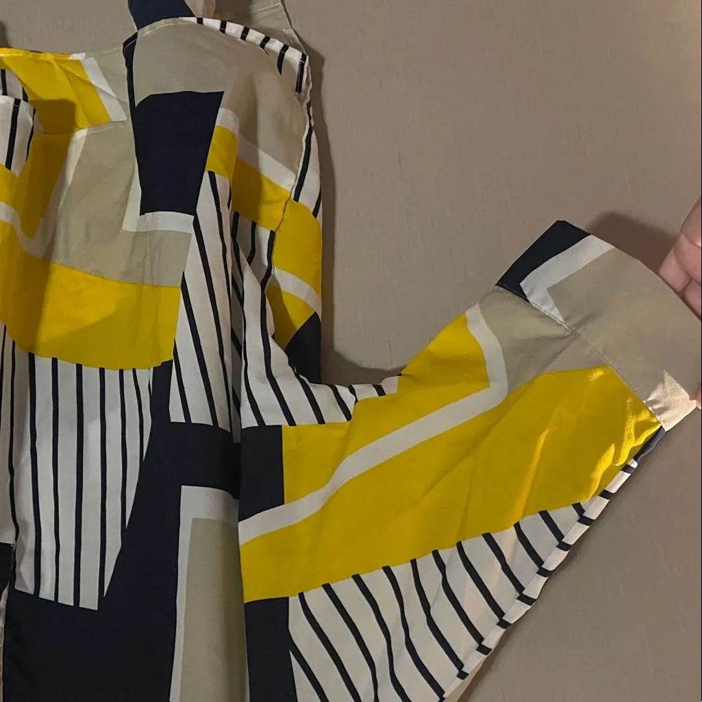 P Cill yellow navy white abstract button v neck Henley blouse small oversized - Image 5