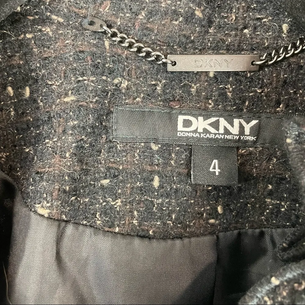 DKNY Black Brown Tweed Wool Ruffle Longline Coat Jacket Sz 4 - Image 5