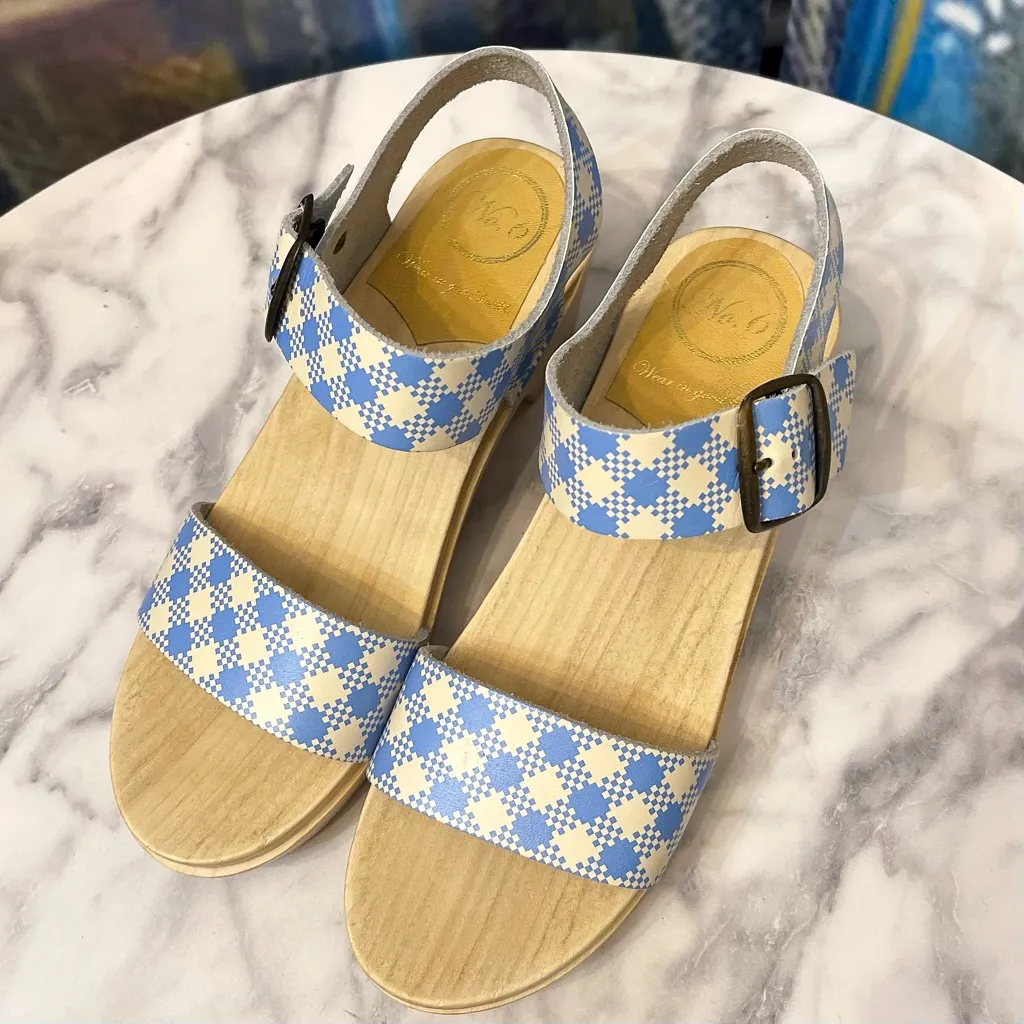 No.6 Two Strap Mid Heel Clog Powder Blue Gingham Leather 38 EUC Size 7 - Image 6