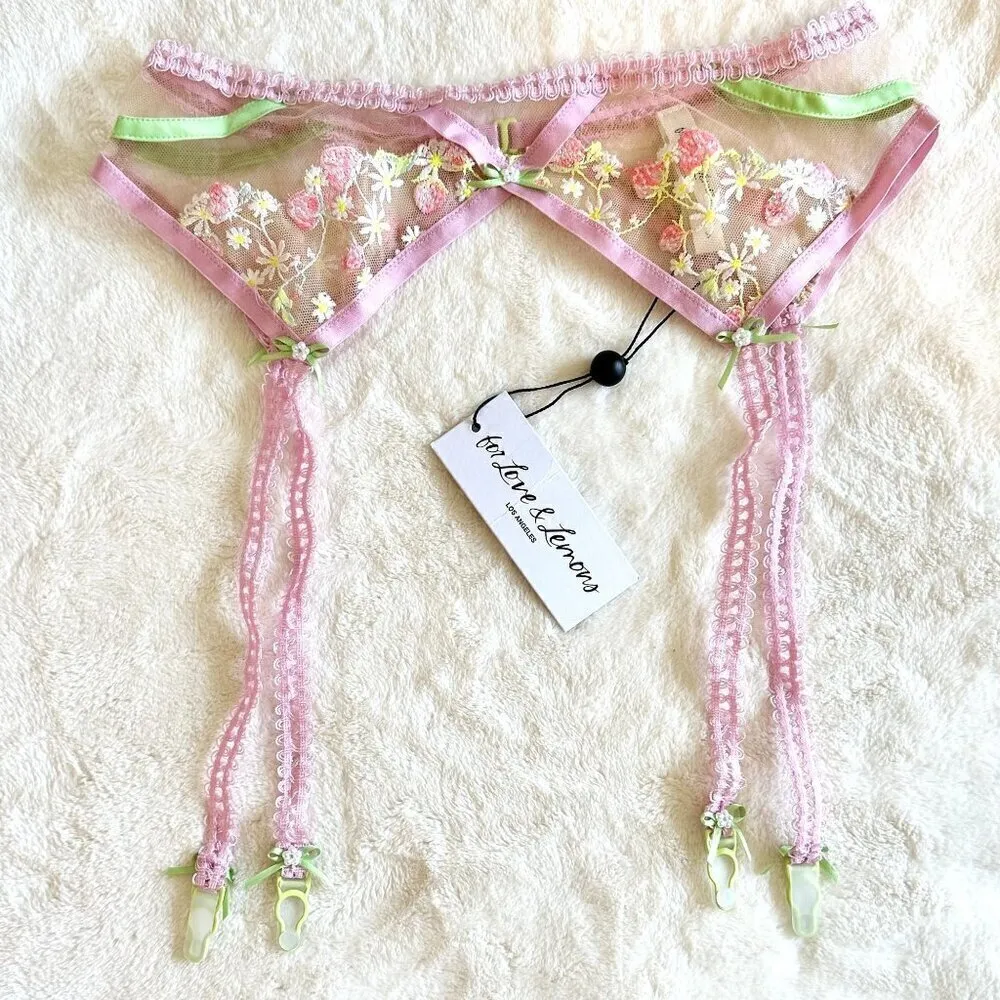 NWT For Love & Lemons Tutti Frutti Shimmer Pink Floral Garter Belt - Small - Image 2