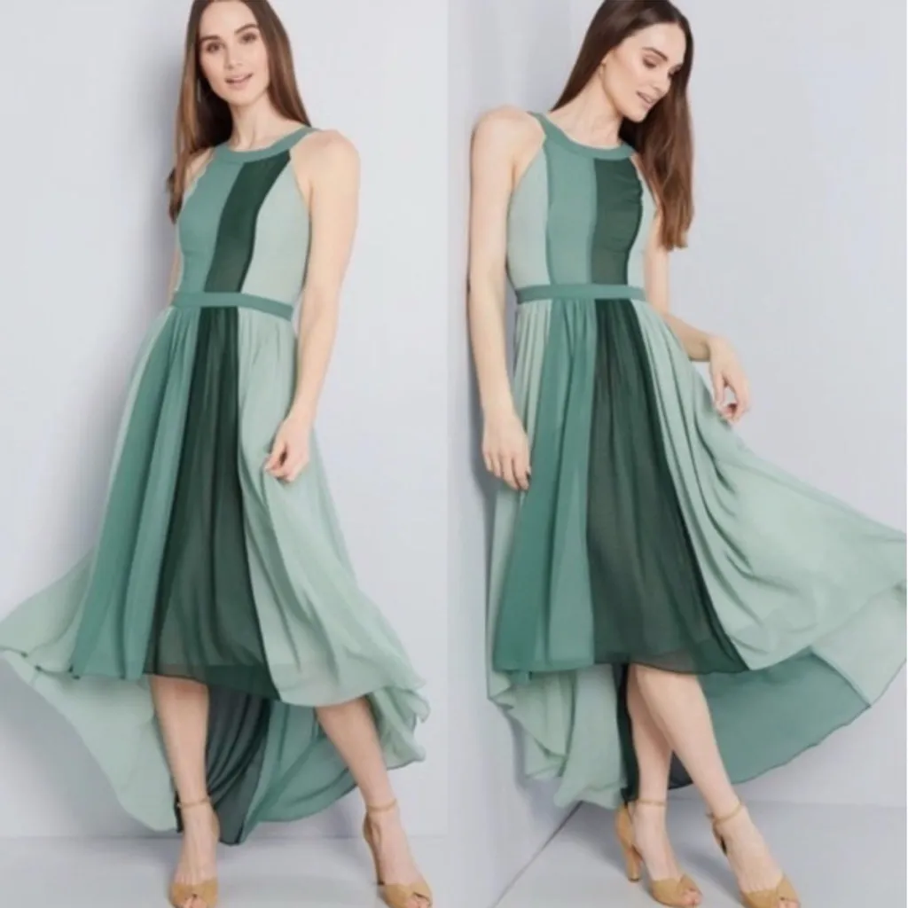 ModCloth Shades of Green Color Block Chiffon Sleeveless High‎ Low Dress NWT S - Image 2