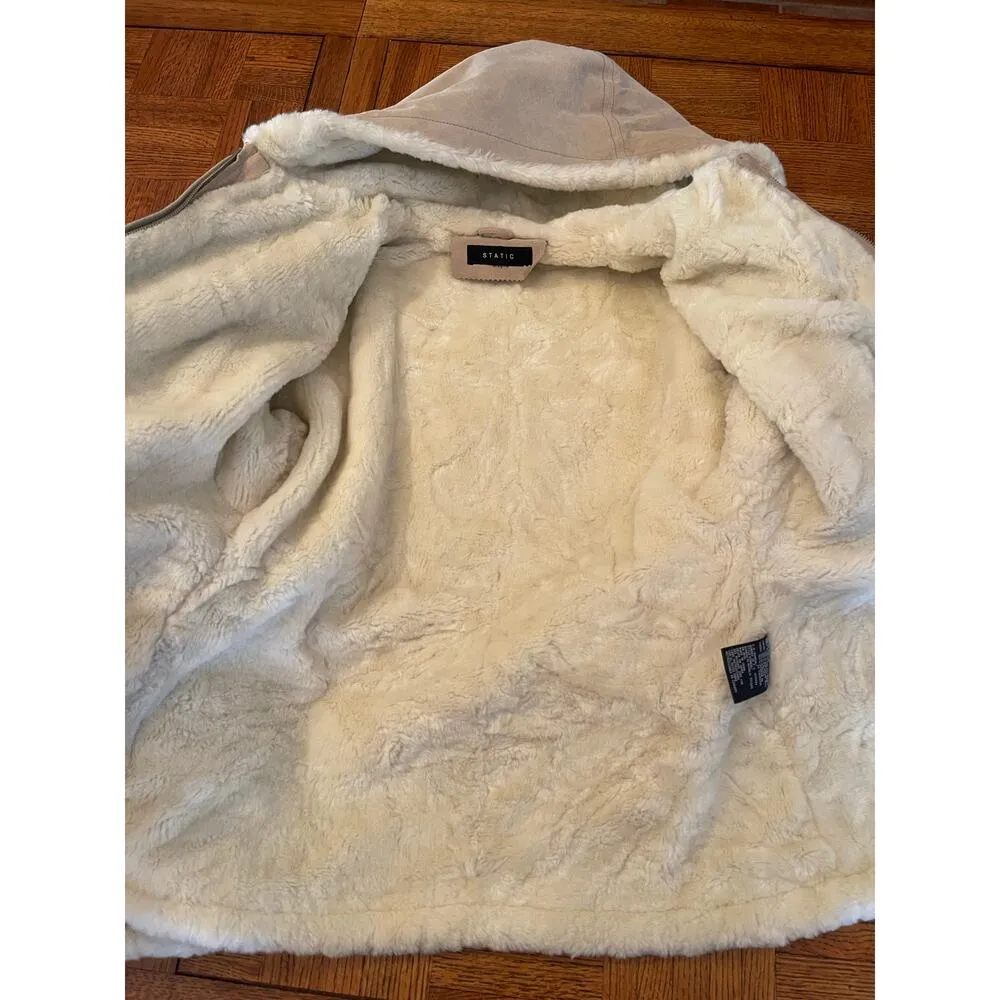 STATIC SHERPA LINED SUEDE ZIP UP HOODED JACKET Tan Size M - Image 4