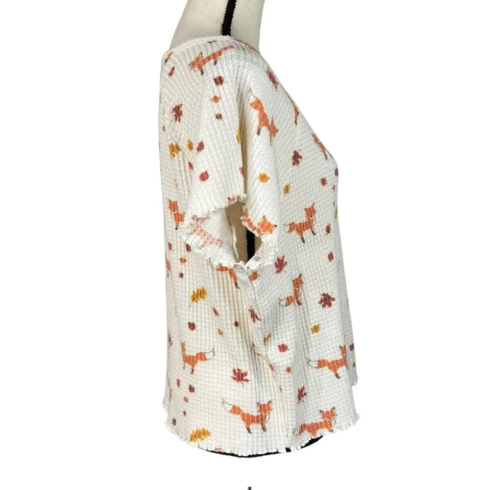 American Eagle X-Large Pajama Top Fox Print Waffle Knit Thermal Short Sleeve - Image 4