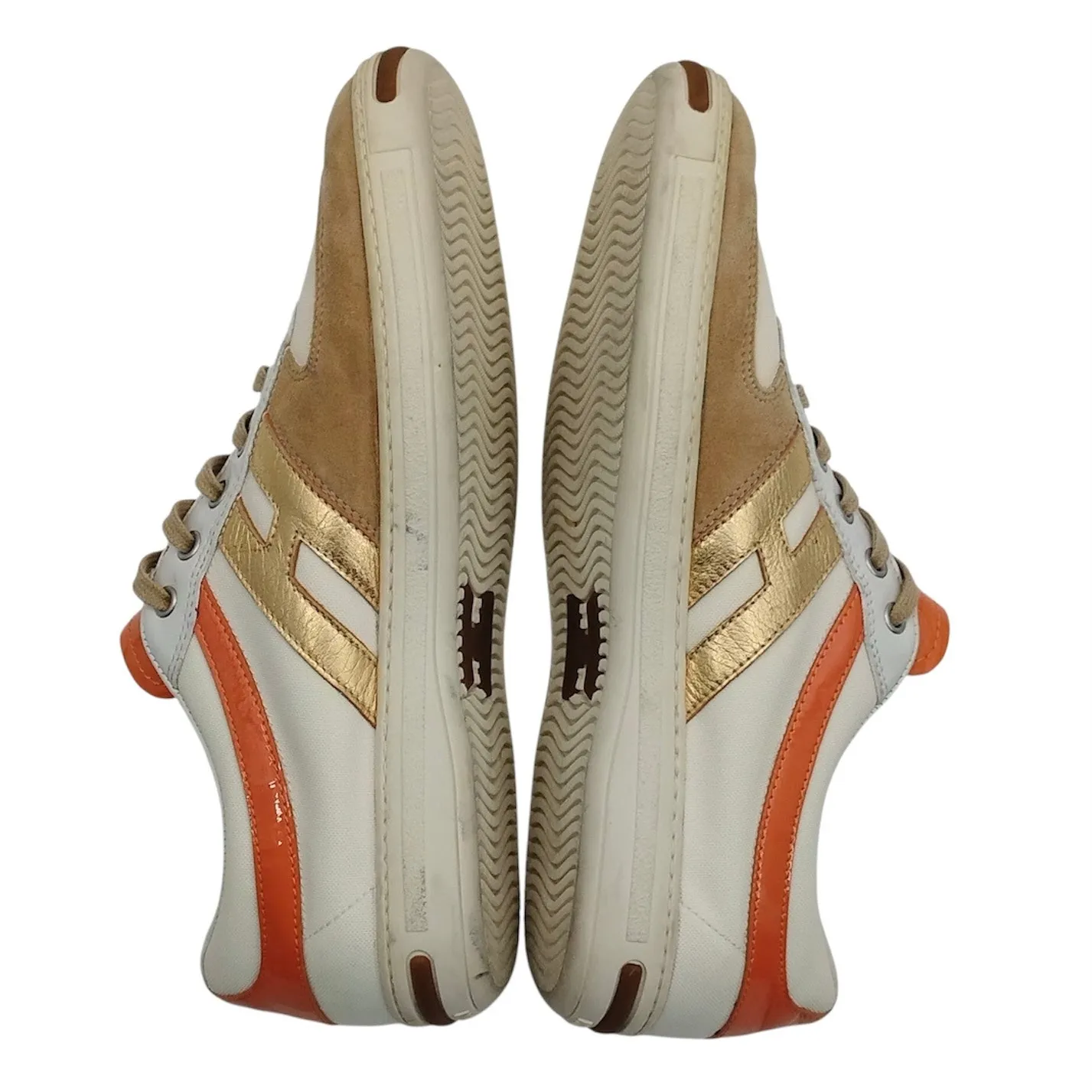 Hogan Womens Size 10 Logo Sneakers Trainers Orange Gold Tan Patent Leather Suede - Image 6