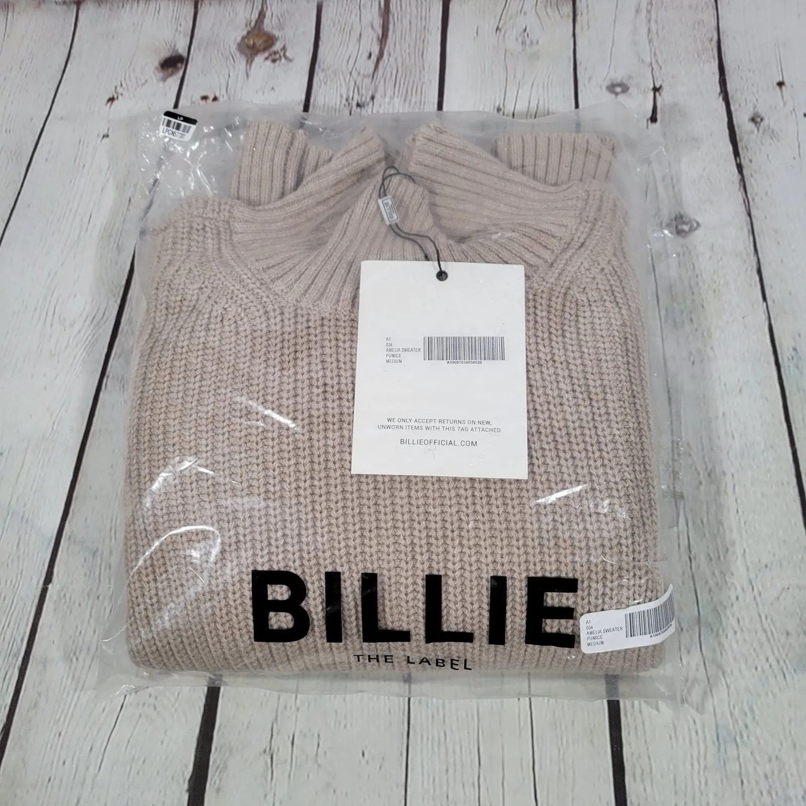 Billie The Label Amelia Sweater Ribbed Mock Neck Balloon‎ Sleeve Pumice Medium Tan - Image 8