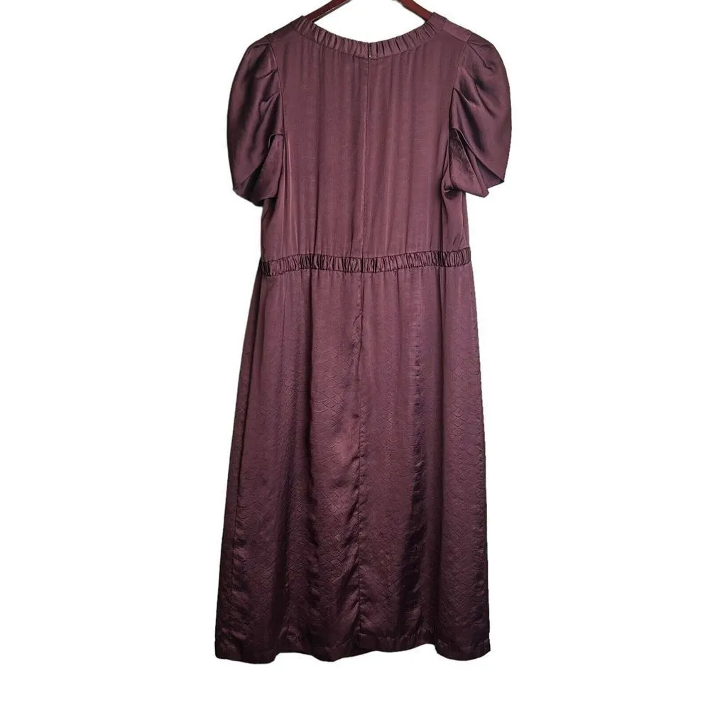 Sea New York Simone Midi Dress Womens Medium Burgundy Satin Puff Sleeve Red - Image 10