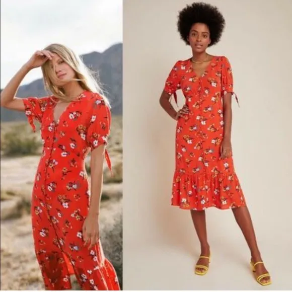 Anthropologie Maeve NWT Eudora Midi Dress orange button fron Floral Red Dress - Image 2