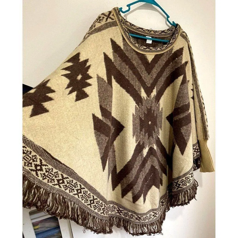 Southwestern Wool Blend Poncho Sweater Fringe Size OS One Size Brown - Image 5