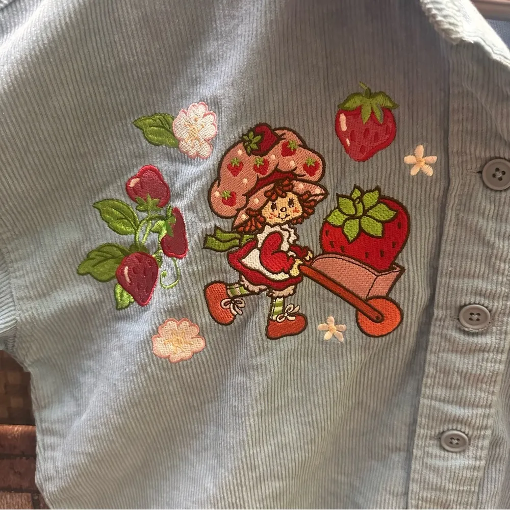 Women’s Blue Corduroy Shirt with Strawberry Embroidery size S/M Size M - Image 2