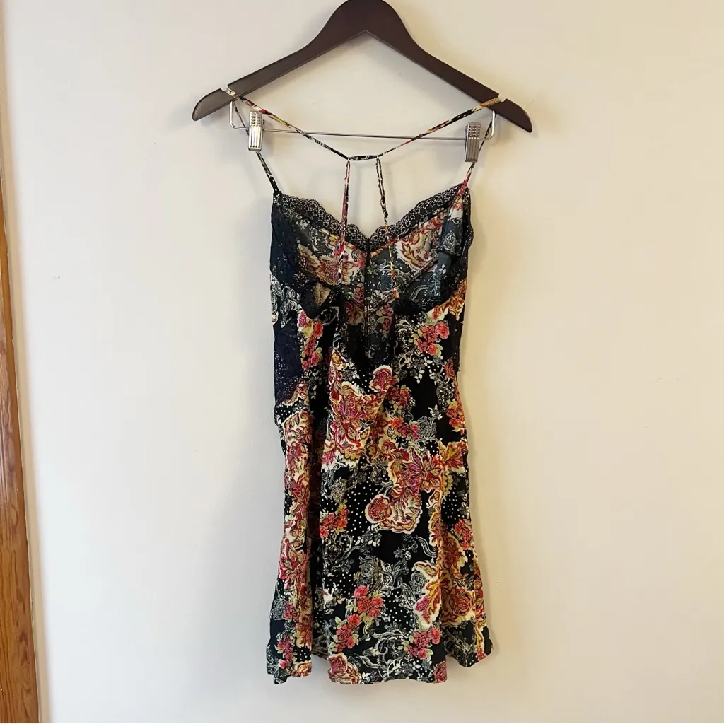 Free People Intimately Black Lace Mini Slip Dress Pink Floral Print Small - Image 5