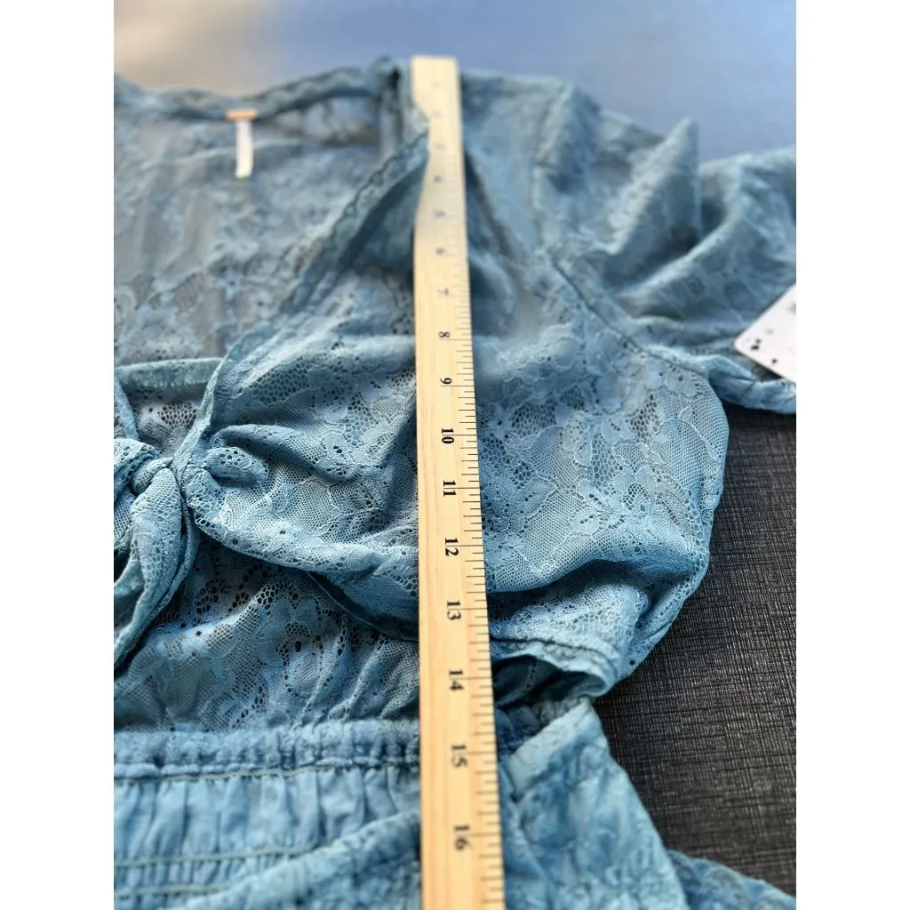 New FREE PEOPLE  Size L Lala Lace Mini Dress $128 Blue Sexy Boho Chic Festival - Image 11