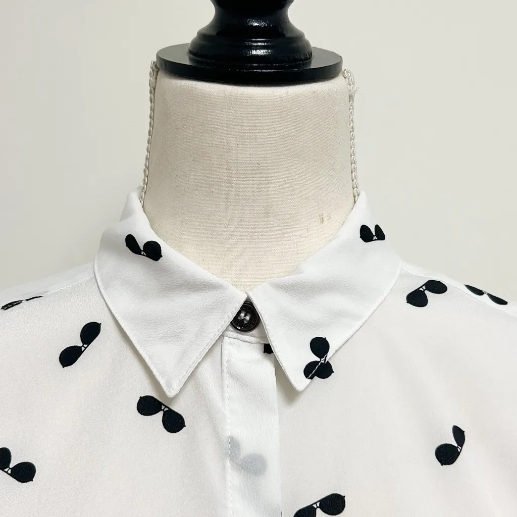 Karl Lagerfeld White Black Sunglasses Roll Tab Sleeve Button Up Collar Blouse XS - Image 6