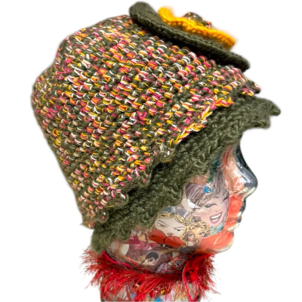 Madison 88 Crochet Flower Hat Multicolor Knit Hat with Vintage Scarf Set Green - Image 6
