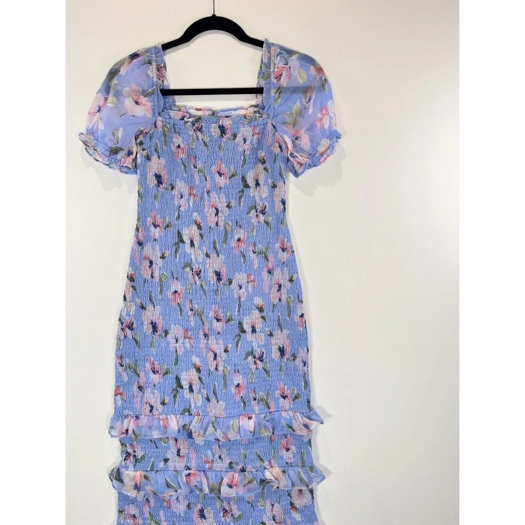 Abercrombie Fitch Dress Purple Smocked Midi Bodycon Floral Ruffle Coquette Small - Image 5