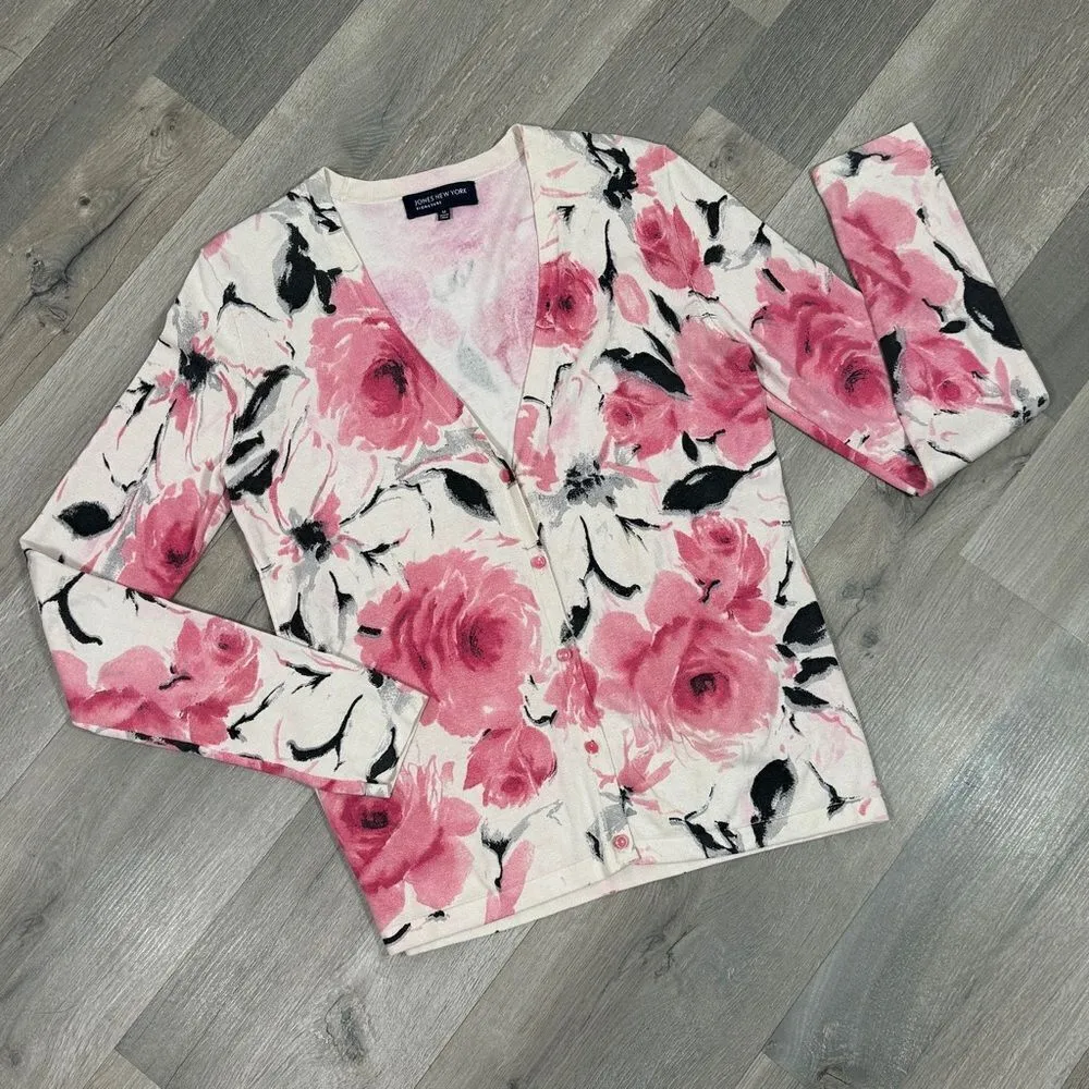 Jones New York Floral Silk Blend V Neck Cardigan Sweater‎ Cream Pink Medium - Image 12