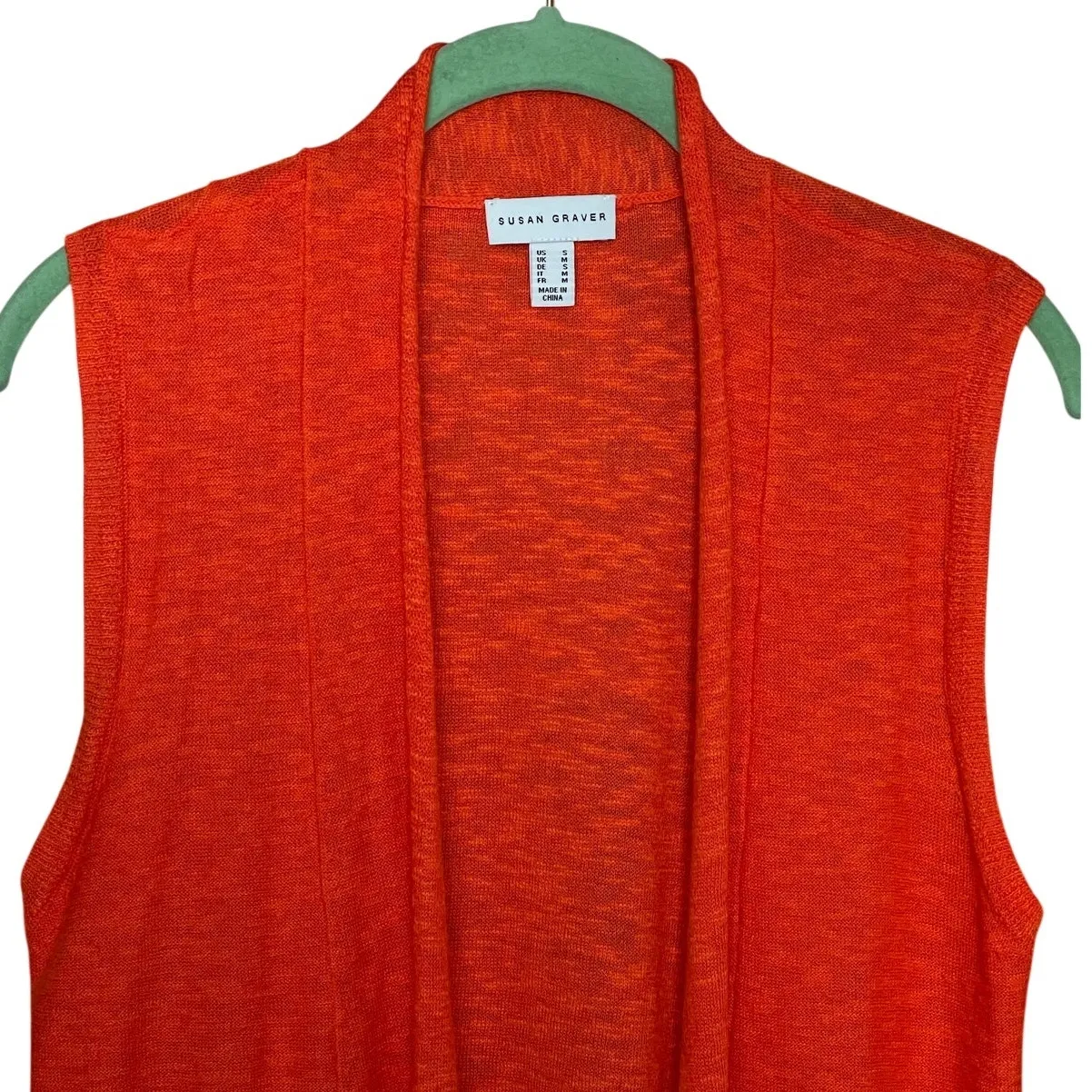 Susan Graver Size Small Salmon Orange Linen Cotton Sweater Open Vest Fringe - Image 2