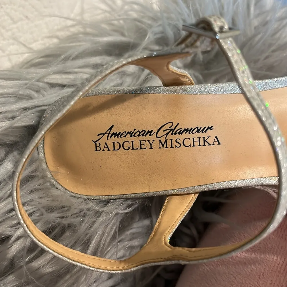 American Glamour Badgley Mischka Silver Sparkle Heels Open Toe Womens 8 Sequins - Image 11