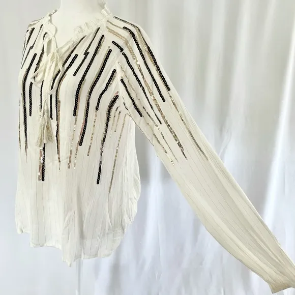 New  Sequin Striped Tassel Tie Peasant Top Ivory Black Gold - Image 6