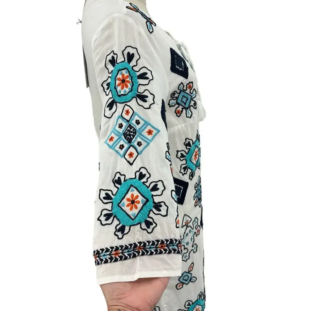 Frances Valentine Capri Tunic Dress‎ Oyster White Blue Embroidery Size XS - Image 6