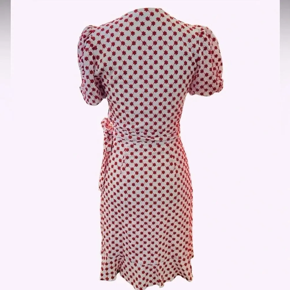 Draper James RSVP Embroidered Wrap Dress Red White Puff Sleeve Floral Size XS - Image 5