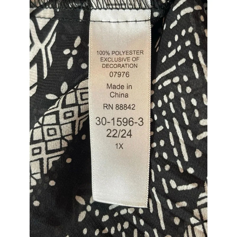 Woman Within Black Geometric Pattern Sheer Flowy V-neck 3/4 Sleeve Tunic Top 1x - Image 7