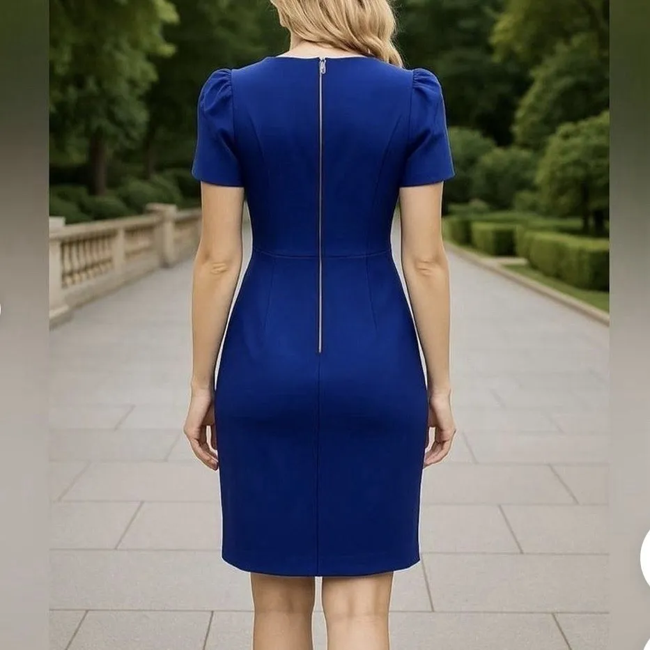 Calvin Klein Cobalt Blue Stretch Crepe Puff Sleeve Sheath Dress Size 4 - Image 3