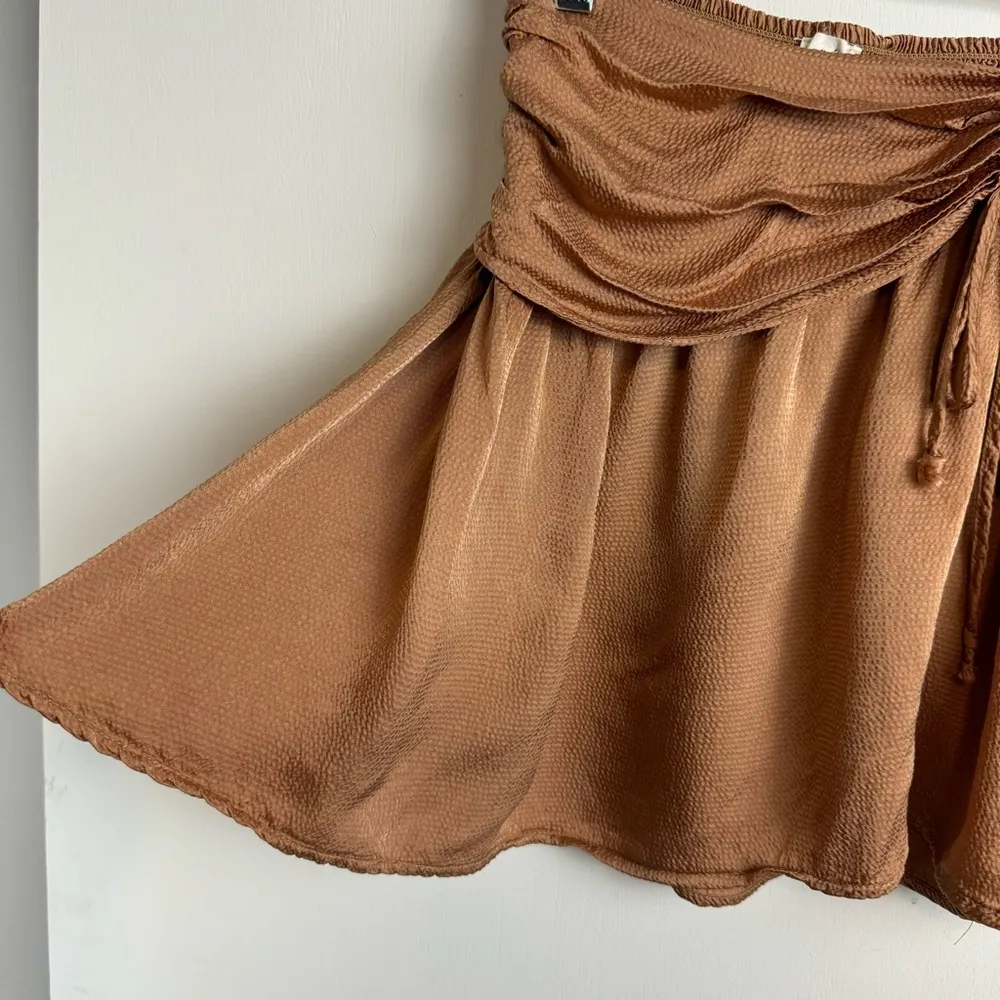 Aerie Uptown Mini Skirt Sz XS Satin Ruched Tie Golden Tan - Image 9