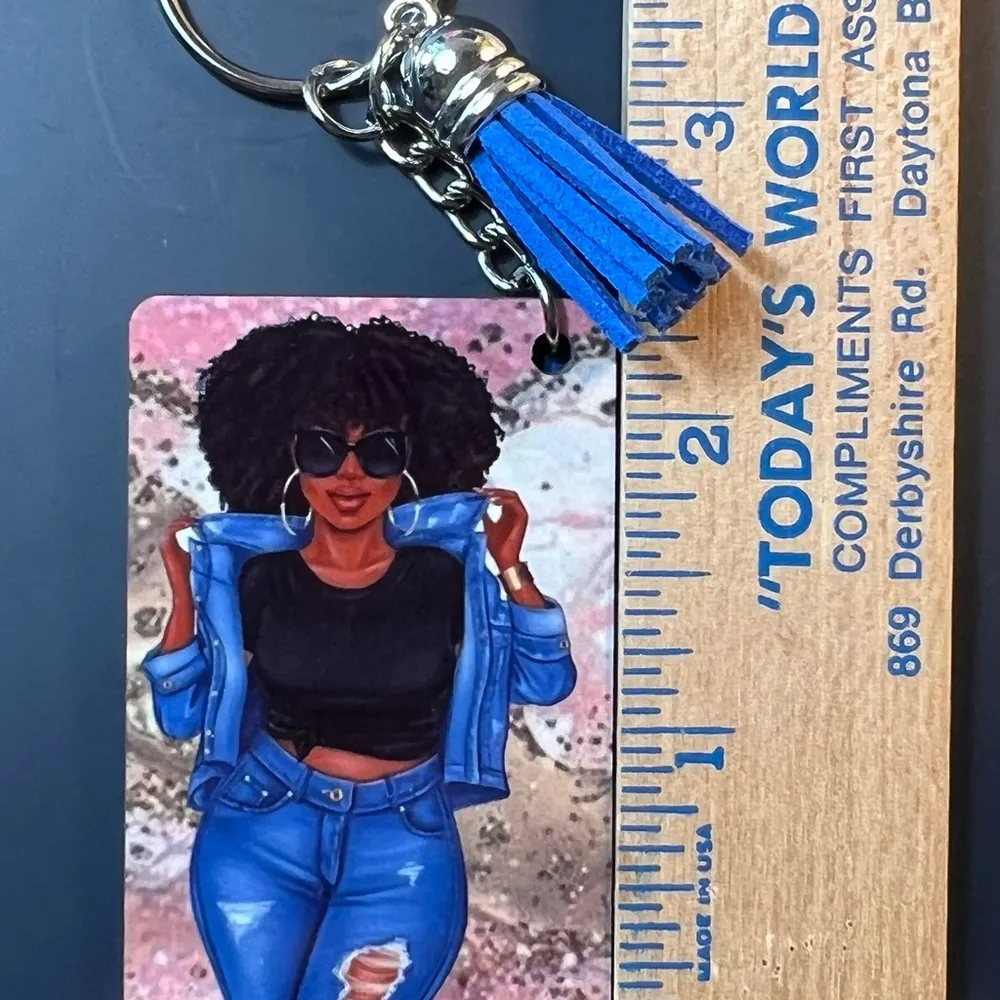 Woman, Blue Jeans, Keychain With Tassel - Image 2