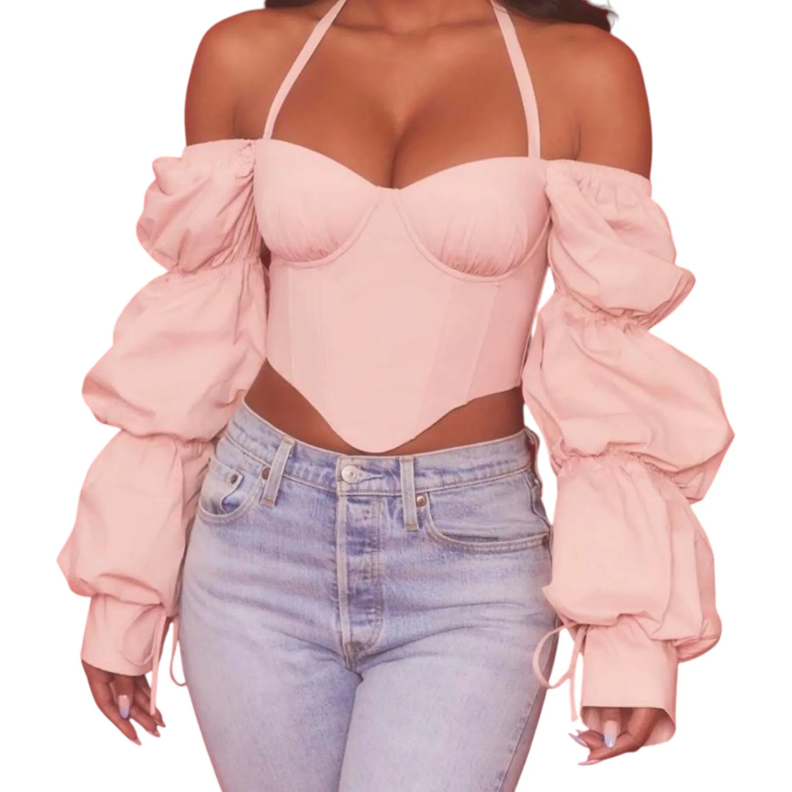 Oh Polly Blush Pink Bustier Corset Off Shoulder Long Sleeve Blouse Crop 2 NEW - Image 8