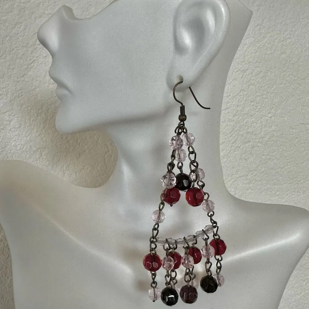 Long red pink and purple beaded earrings - Image 5
