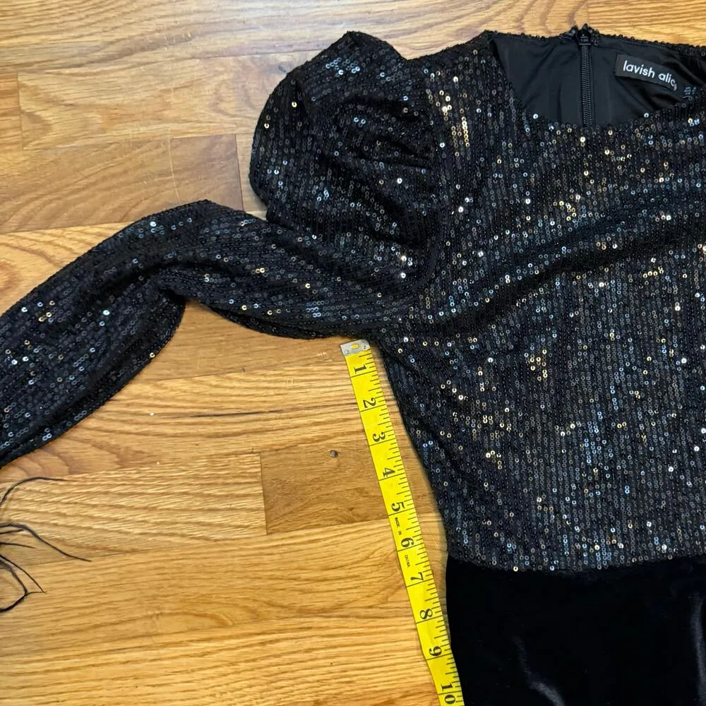 Lavish Alice Womens 4 Black Sequin Faux Fur Long Sleeve Velvet Draped Midi Dress - Image 7