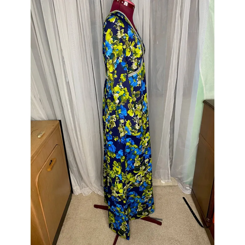 maxi dress Vintage 1960s floral blue green silver - Image 8