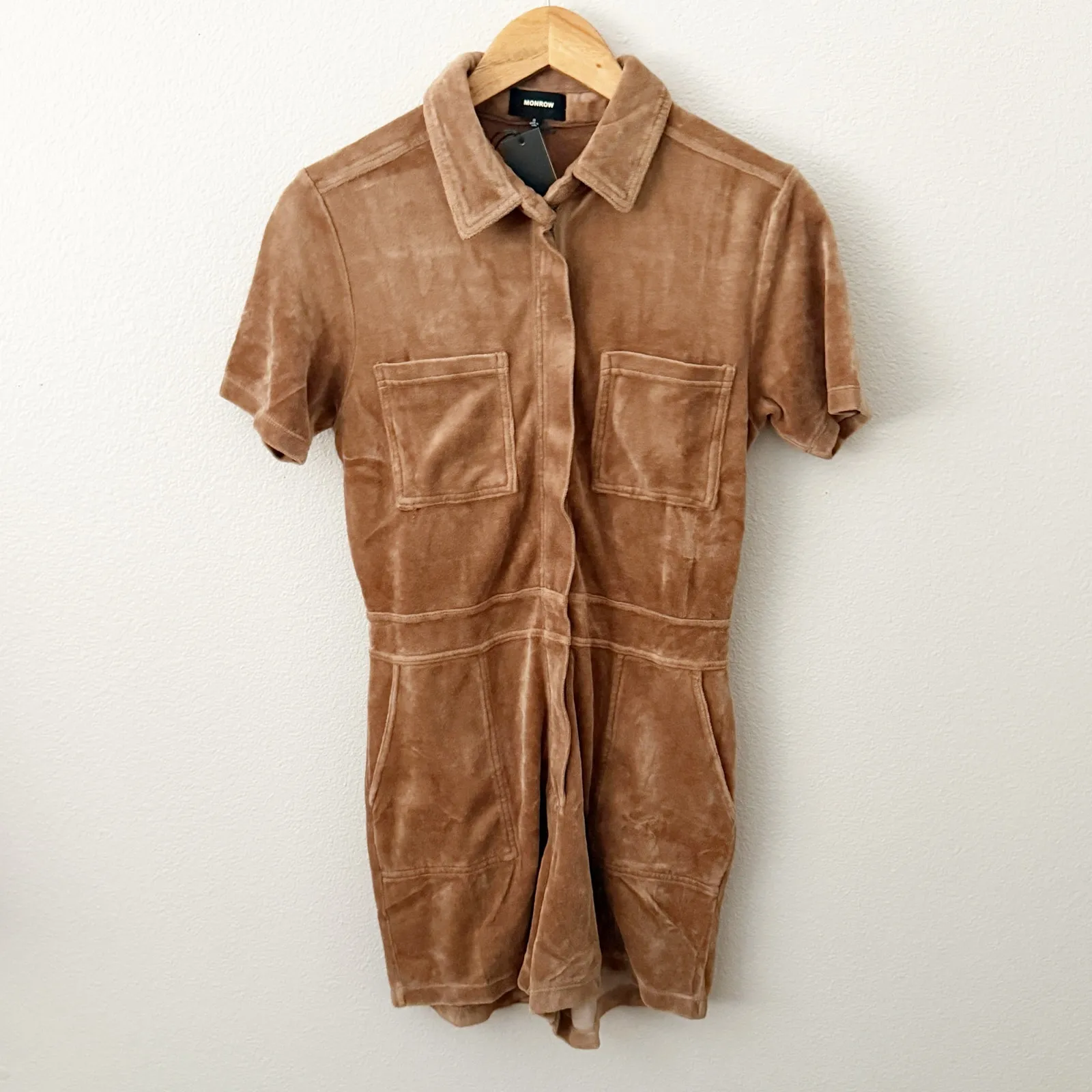 MONROW | Terrycloth Velour Romper Chocolate Brown Collar Short Zipper | Small - Image 2