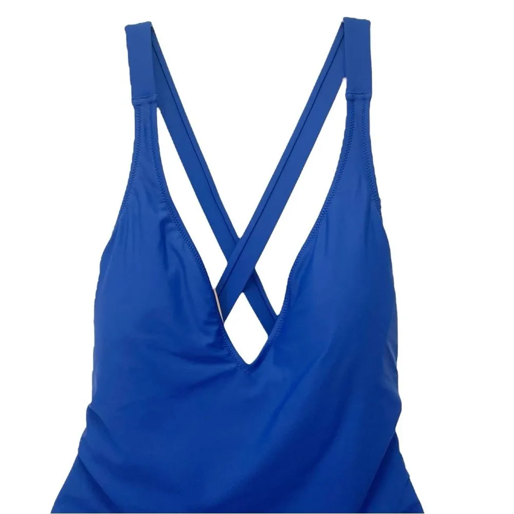 J. Crew Cross Back One Piece Swimsuit Royal Blue Size 8 V-Neck Plunge Low Back - Image 6