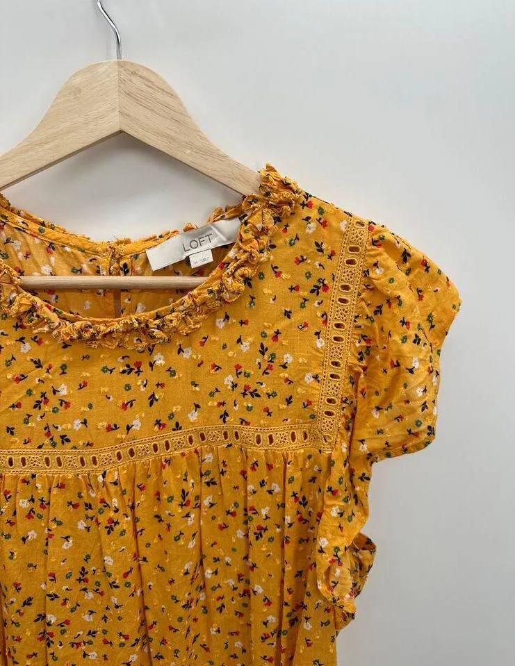 Loft Blouse Women Medium Orange Yellow Floral Lacy Flutter Sleeve Top Feminine - Image 4