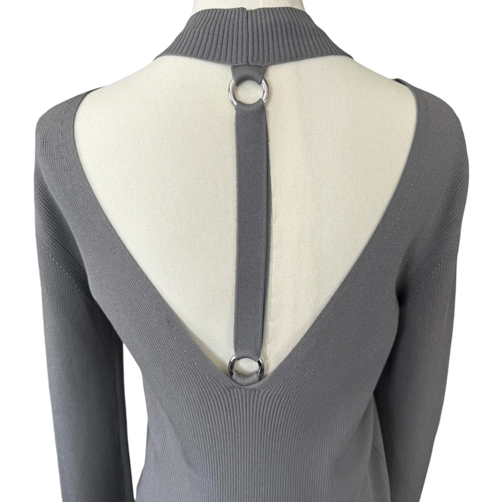 Helmut Lang Ring Cutout Mockneck Ribbed Knit Sweater Steel Gray Size Large - Image 8