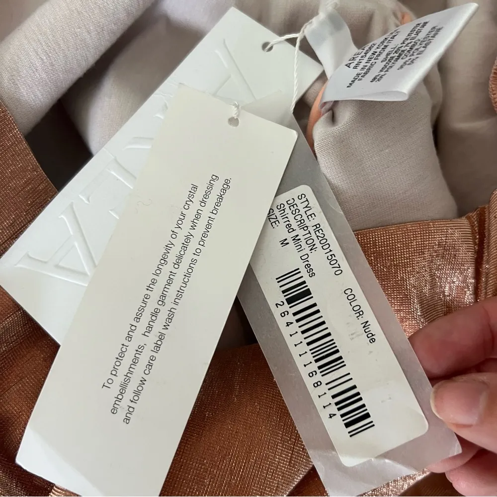 NEW NWT AREA Shirred Mini Dress Nude Gold Size M - Image 15