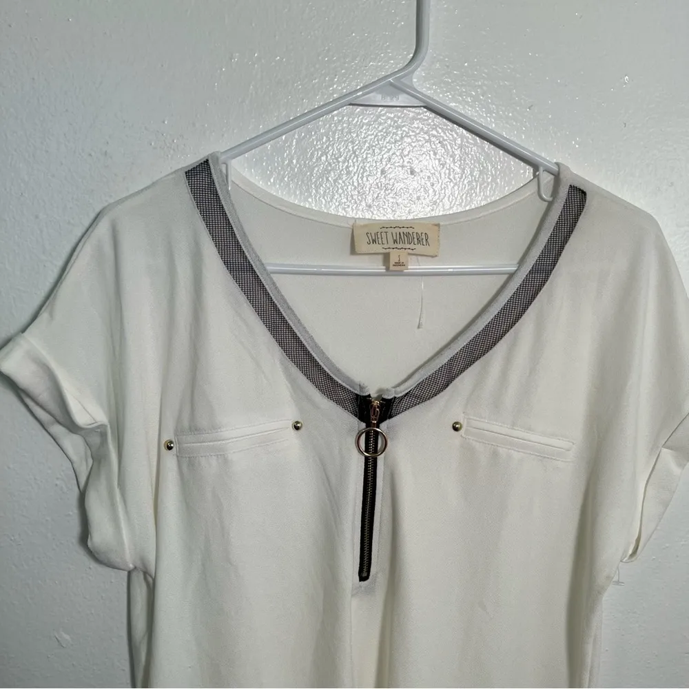 Sweet Wanderer Blouse White Black Mesh Half Zip S - Image 2