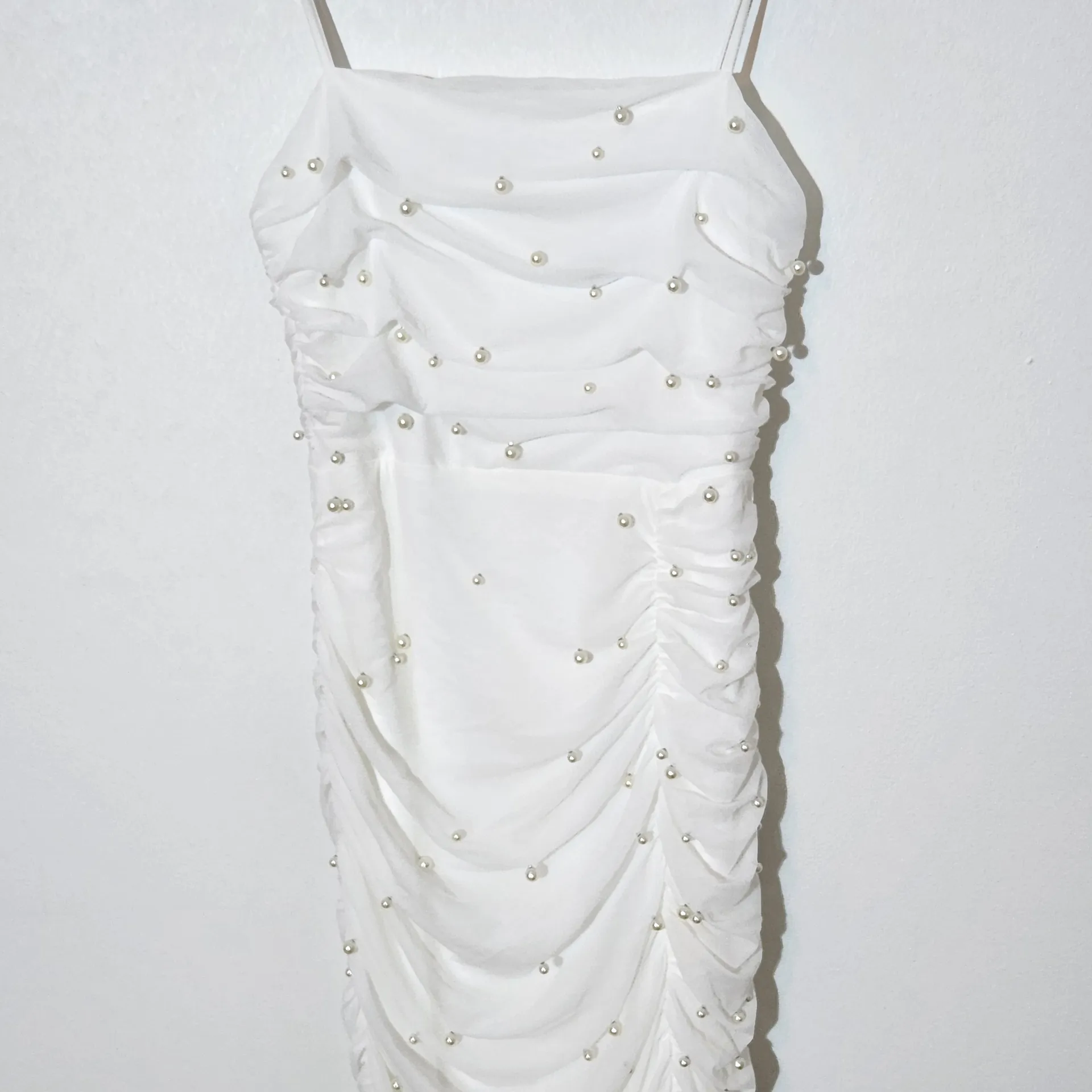 Lulus White Ruched Midi Dress with Pearl Accents NWT Size XS Bridal Midi Dress - Image 5