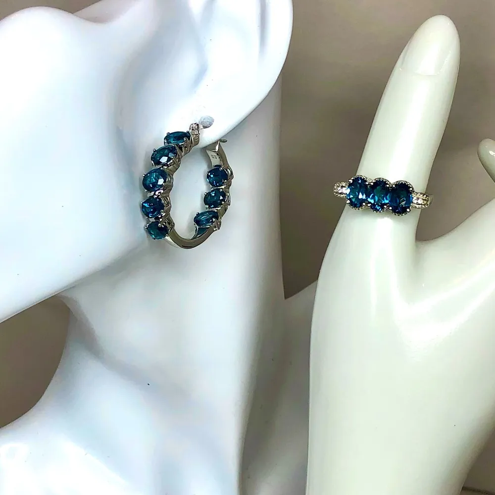 Blue Spinel Hoop Earrings & Ring Set Sz 8 Electroplated Rhodium Sterling Silver - Image 14
