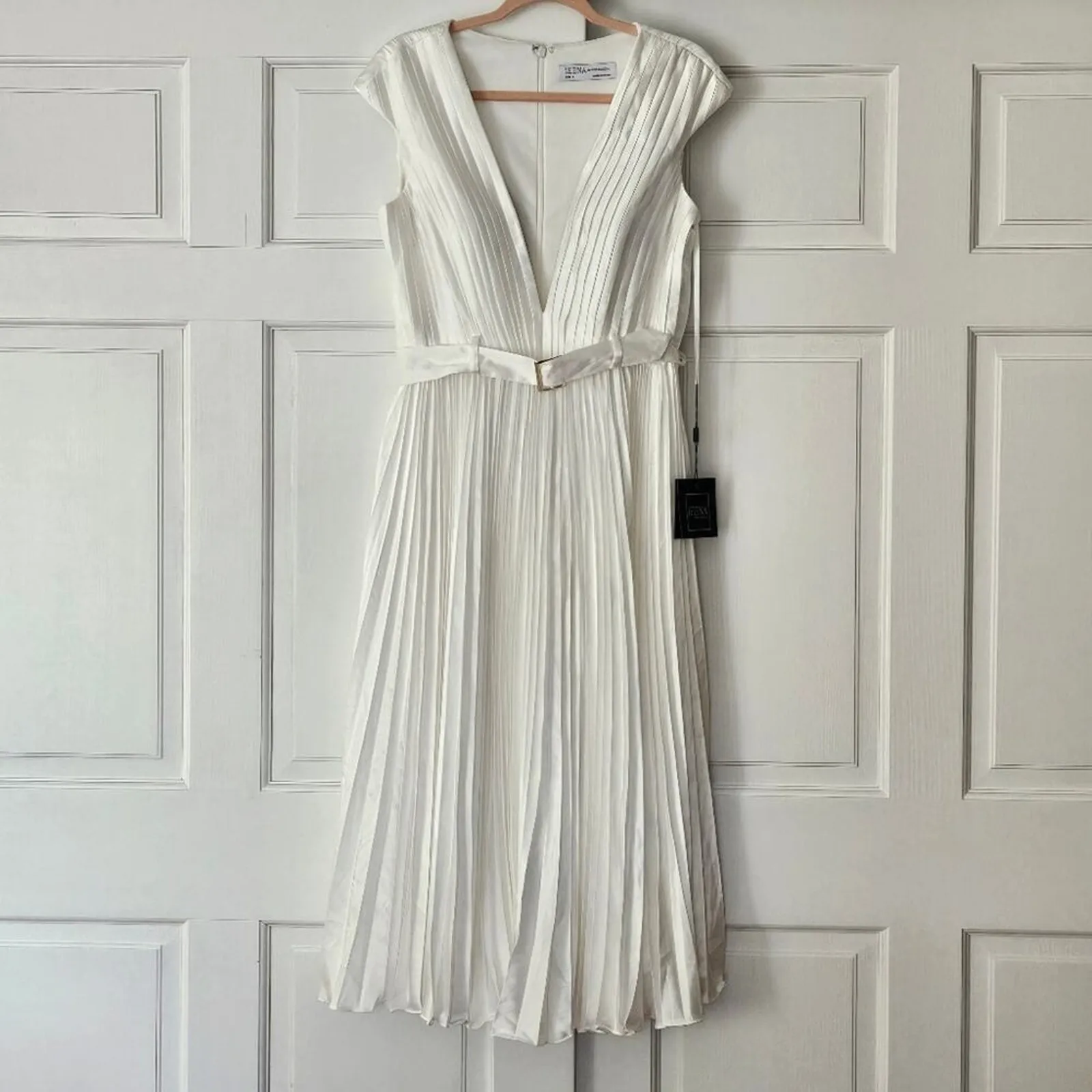 Ieena for Mac Duggal 26483 Pleated Cap Sleeve Belted A-Line White Midi Dress 8 - Image 3