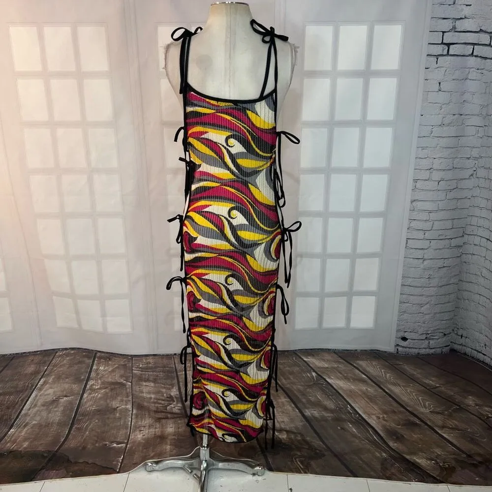 Shein pink yellow black sheer knit side ties swim cover up size XS - Image 5