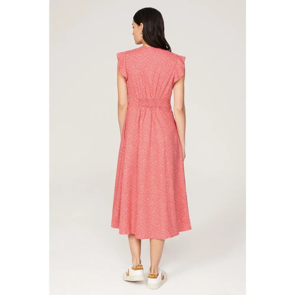 MARINE LAYER Red Floral Hemp Blend Button Front Camila Midi Dress Size Large - Image 2