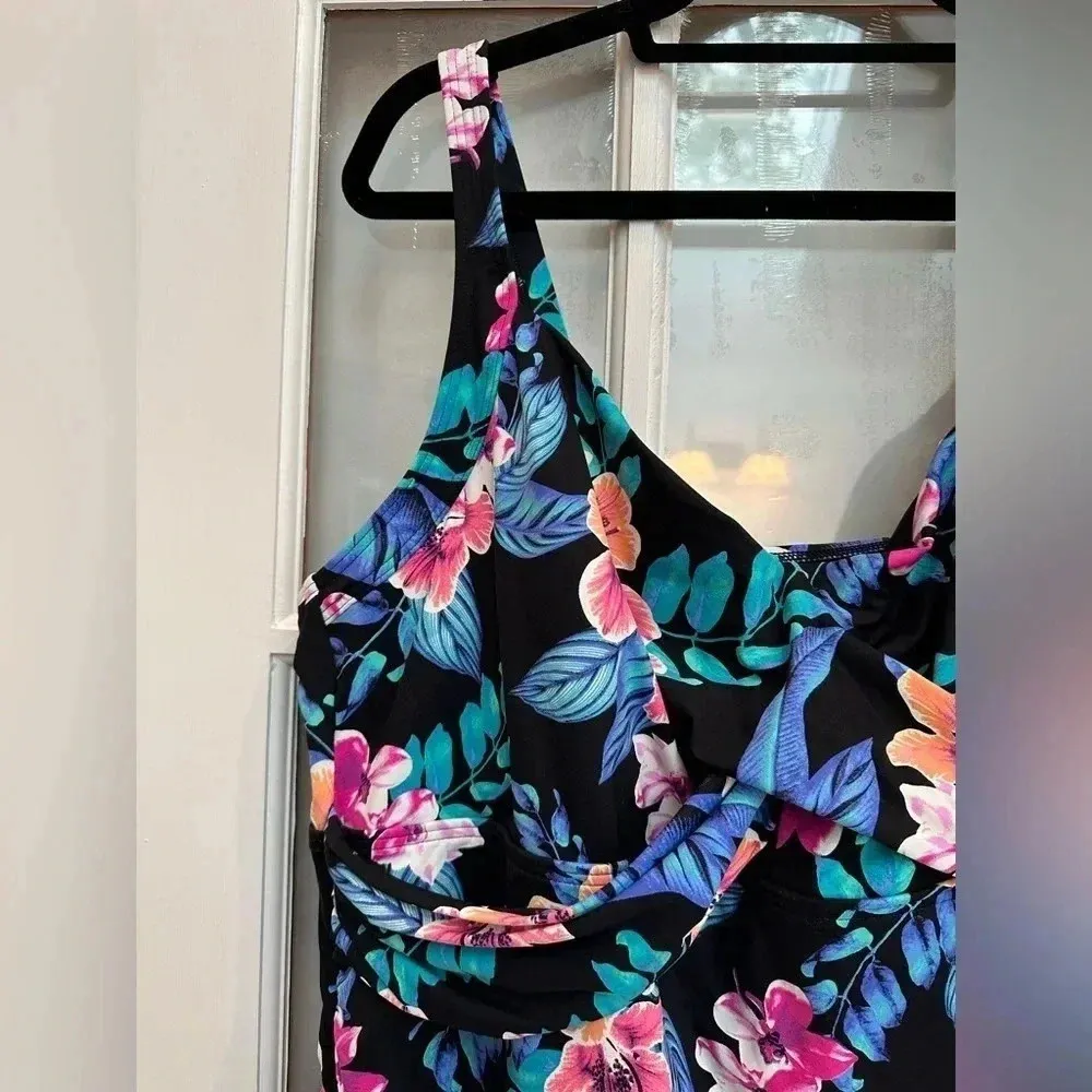 Lands’ End Wrap Underwire Tankini Swimsuit Black Hibiscus Floral Plus Size 22W - Image 7