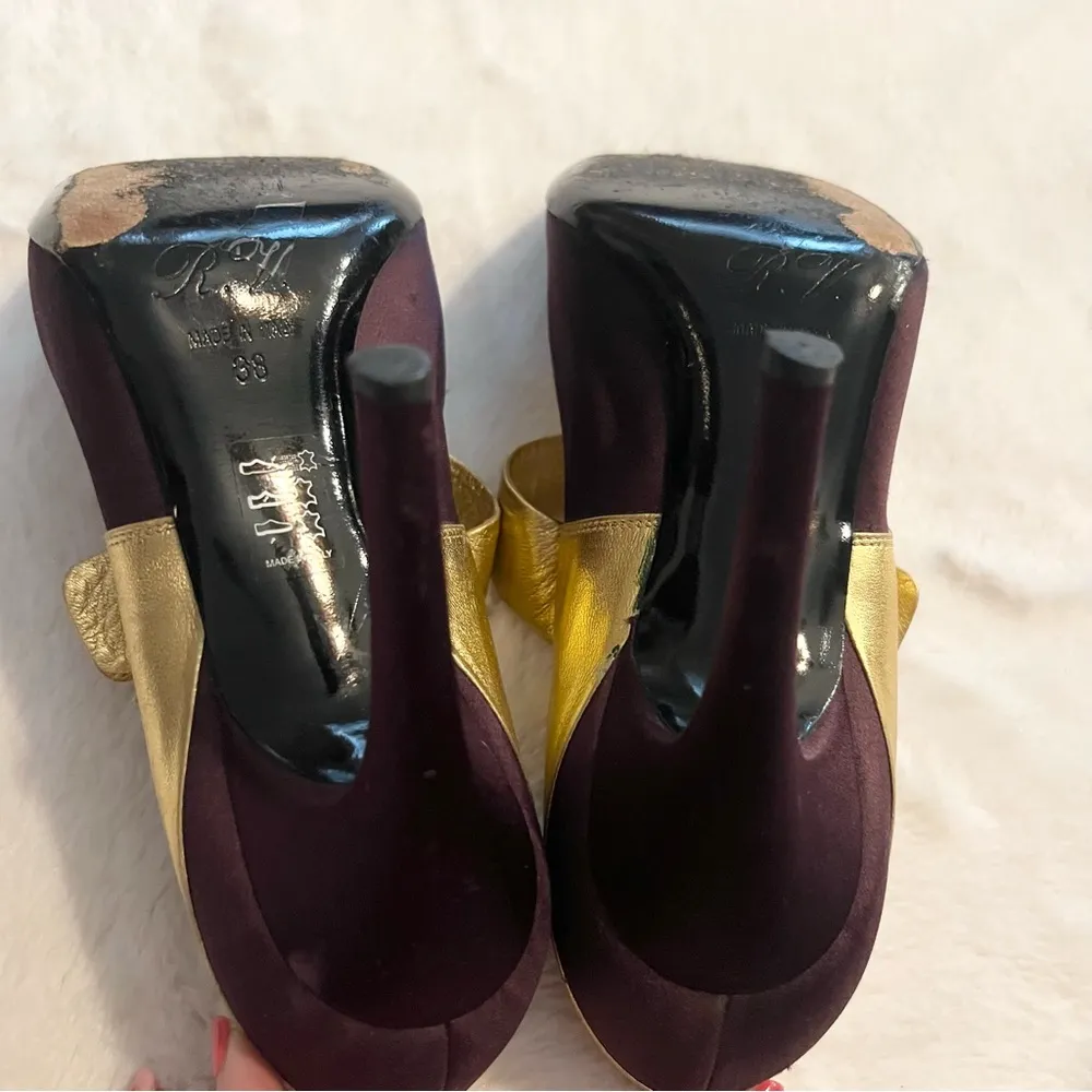 ROGER VIVIER Paris Plum Satin & Gold Leather Pumps Size 38 Purple Gold Heels - Image 12